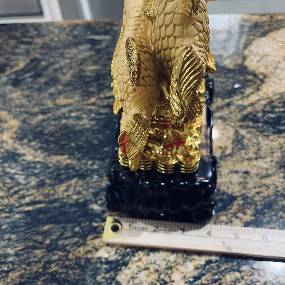 Gold Arowana Fish Feng Shui Resin Figurine Chinese Wealth‎ Coins Decor Small
